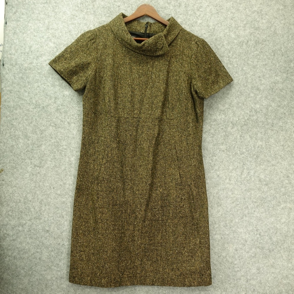 Hobbs Tweed Shift Dress L Olive Wool Silk Cowl Quiet Luxury Fall Barleycorn $355